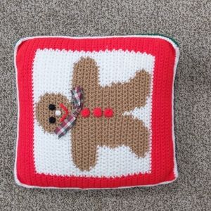 Handmade crochet gingerbread man pillow 16" square holiday Christmas